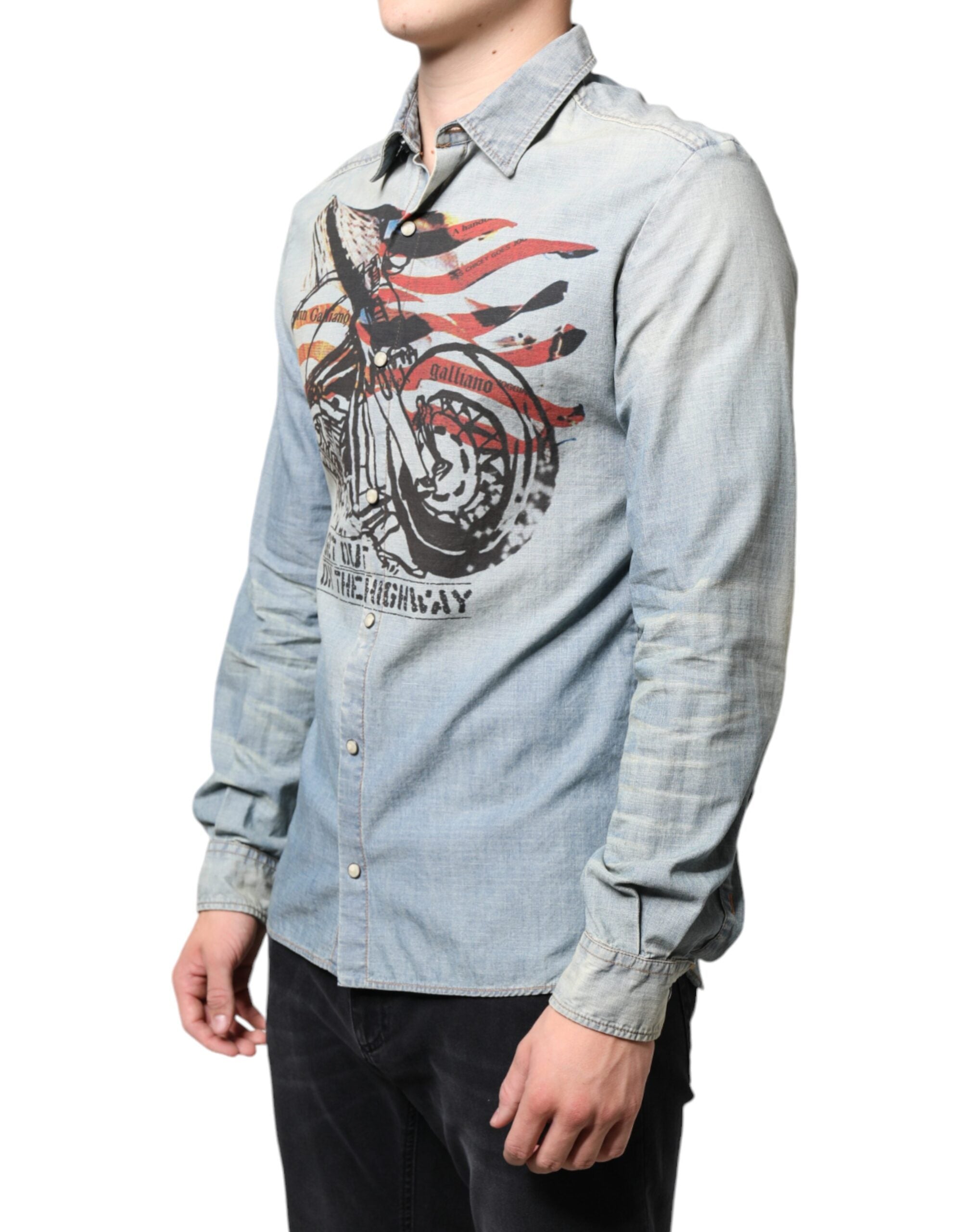 John Galliano light blue printed cotton denim long-sleeved shirt